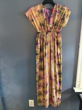 Cristina Love Purple & Gold Metallic Peacock Print V-Neck Maxi Dress
